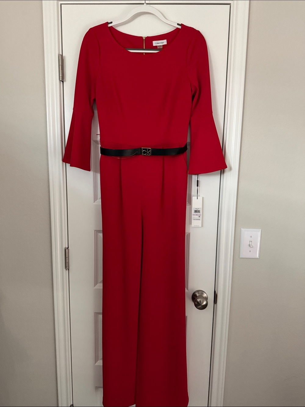 Calvin Klein Red Bell-Sleeve Jumpsuit with Black Logo Belt